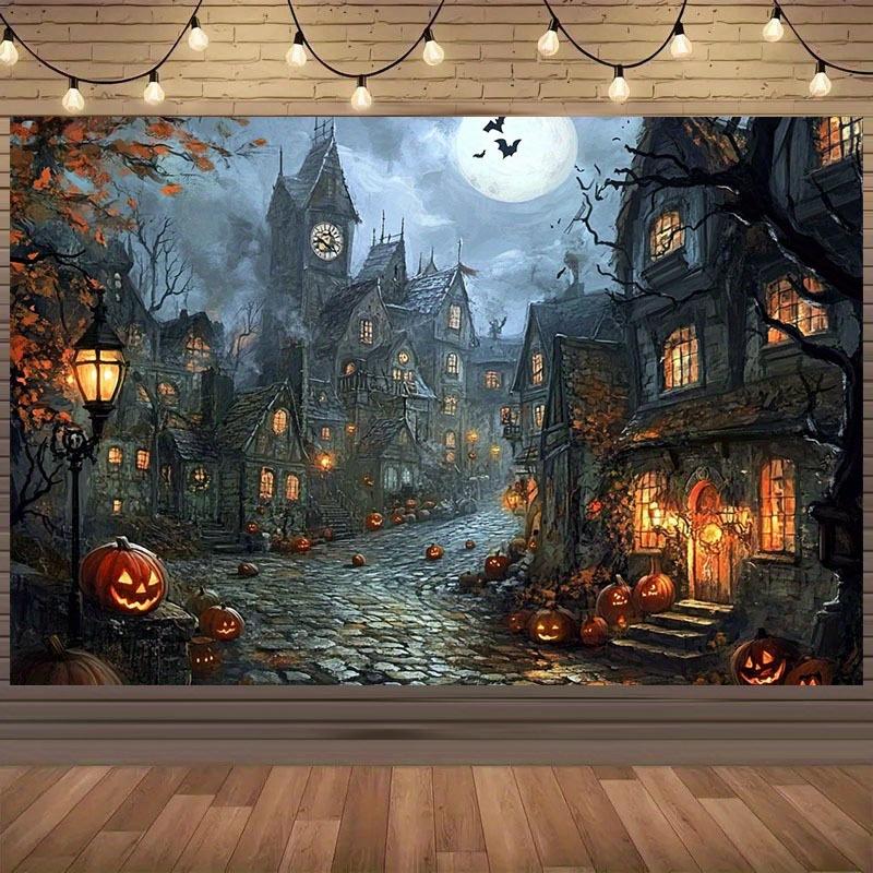 1 Piece of 2D Background Fabric Hand-painted Halloween Horror Style Dark Town and Pumpkin Lantern Design No Power Required
