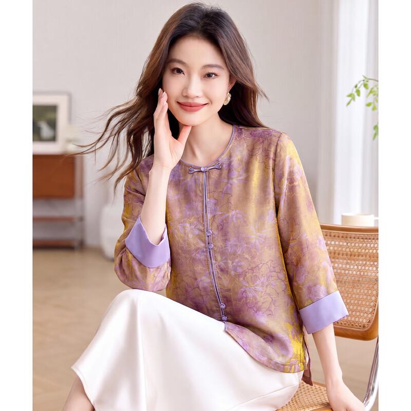 New Chinese Style Printed Round Neck Blouse XL фиолетовый