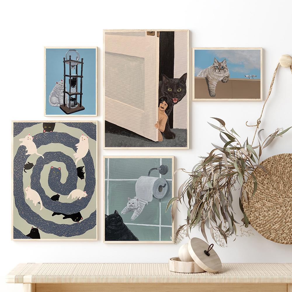 Long Bodied Cat Abstract Greedy Cat Wall Art Poster Print Black Cute Pet Oil Canvas Painting Toilet Bed Room Home Decor No Frame