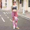 Women's High Waist Patchwork Flare Jeans Color Block Contrast High Stretch Retro Bootcut Denim Pants Elegant Office Commuter Long Trousers