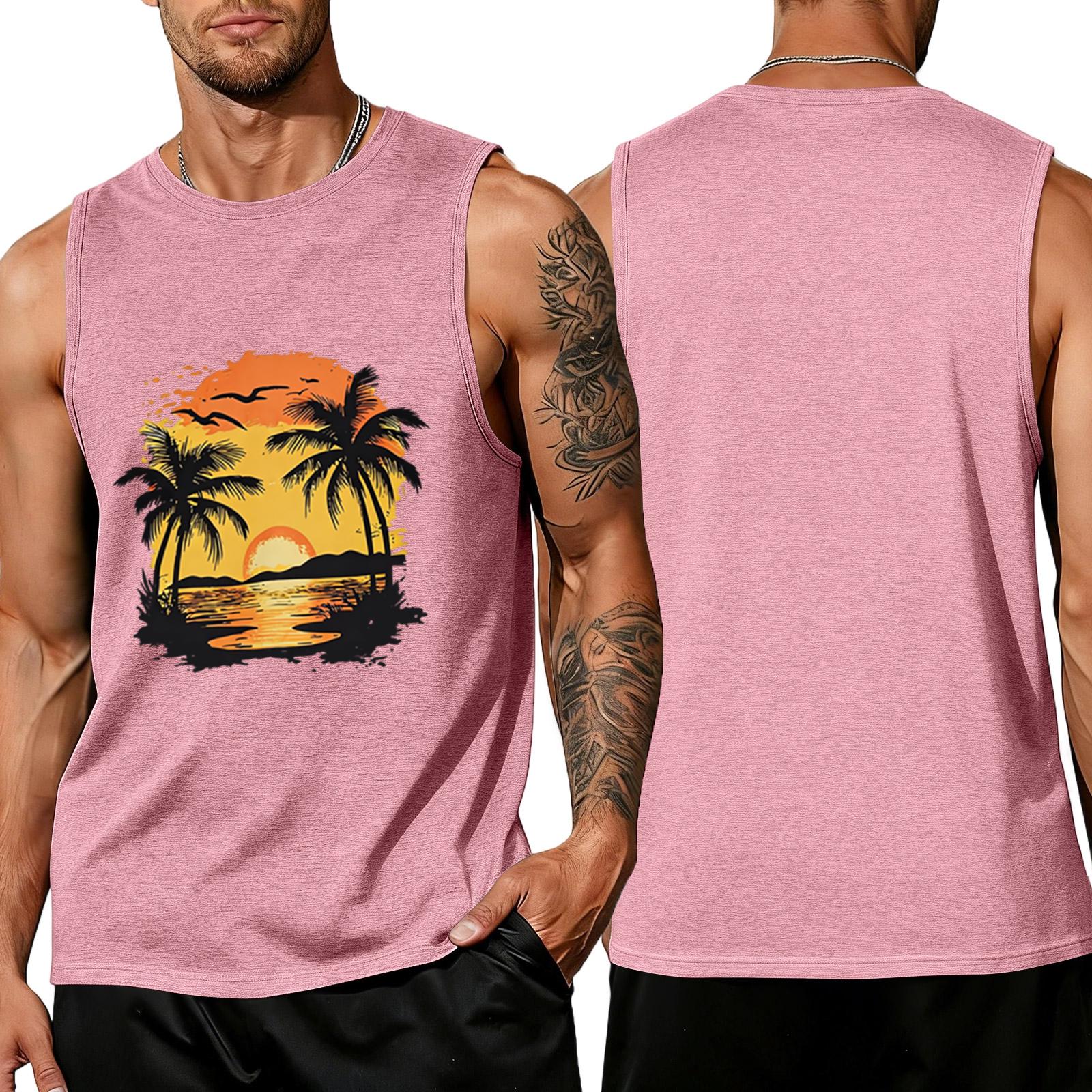 

Men s loose and casual Hawaiian print sleeveless shirt M рожевий