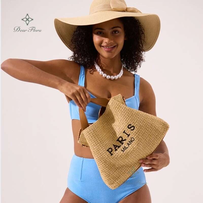 Women Fashion Letter Straw Shoulder Crossbody Bag Handwoven Pp Straw Handbag Casual Holiday Summer Beach Large Capacity Tote Bag