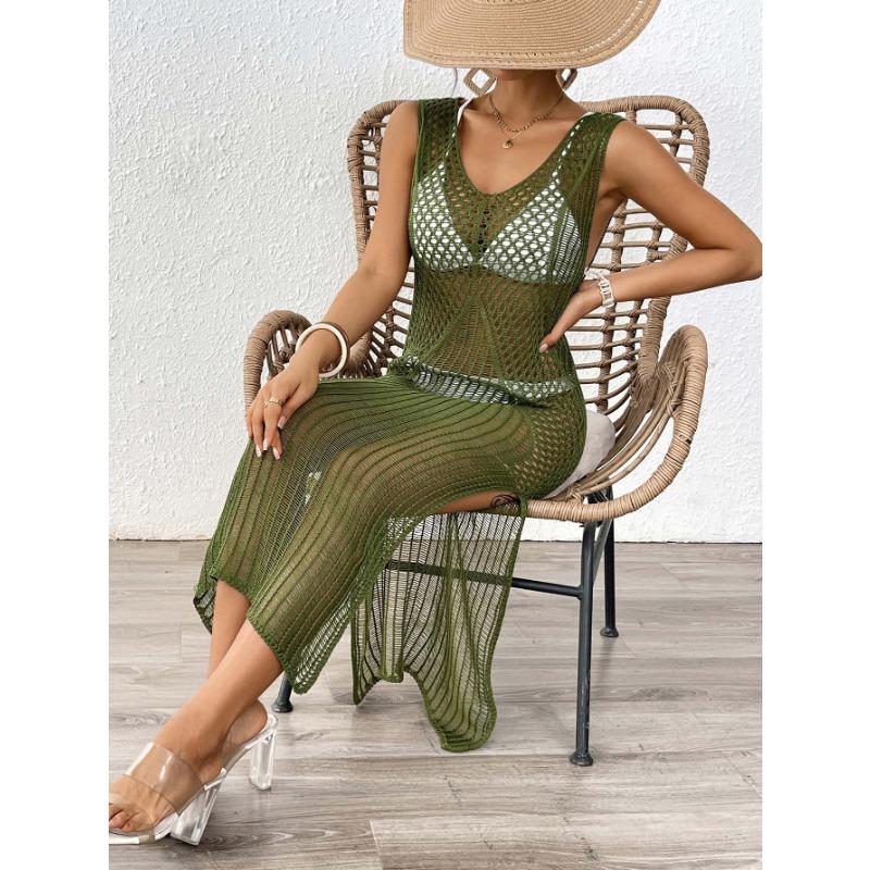Women's Holiday Beach Hollowed Out Woven Sundress Long Sexy Slit Dress