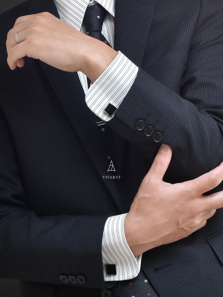 Tabarat Alfiler de Corbata y Gemelos Genuino Hecho en Set de Alfiler de Corbata y Gemelos, Cuero, Japón, Latón, Para Hombre (Negro)