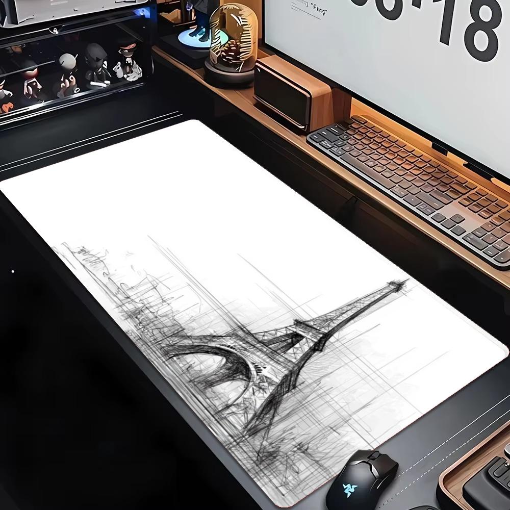 Paris Eiffel Tower Large Gaming Mouse Pad XXL Hand Drawn Sketch Desk Mat Non-Slip Rubber Keyboard Mat Office Desktop Table Mat