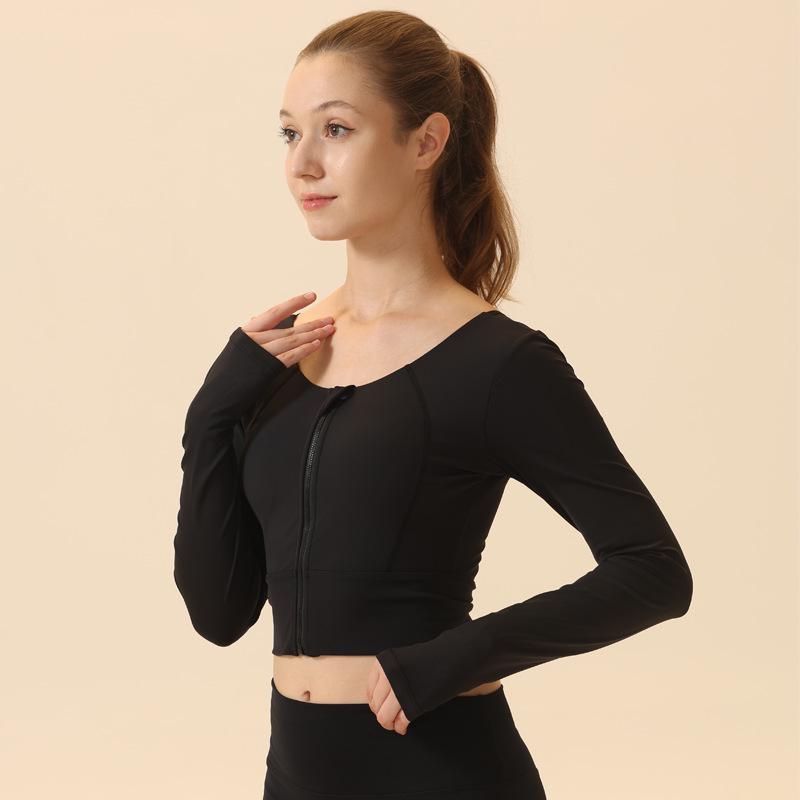 Damen Yoga Top mit Rückenausschnitt, langen Ärmeln, Frontreißverschluss und Brustpolstern - Schnelltrocknend, Enganliegend für Laufen und Fitness