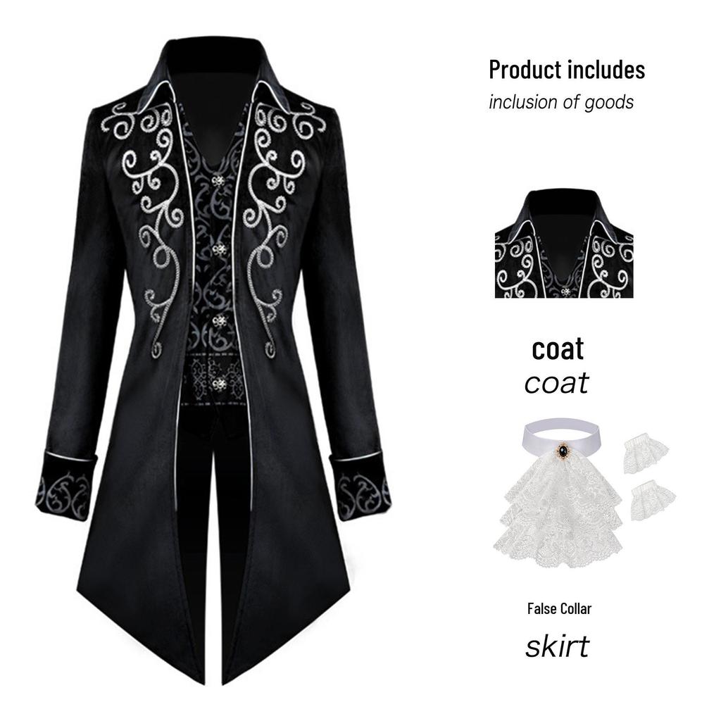 Men's Silver-Edged Medieval Tailcoat Costume, Retro Mid-Length Style