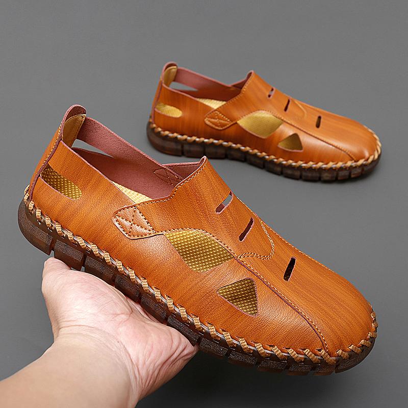 Hand-stitching Mens Casual Shoes New Summer Men Sandals All-match Man Leather Flats Fashion Hollow Out Shoes Breathable Sneakers