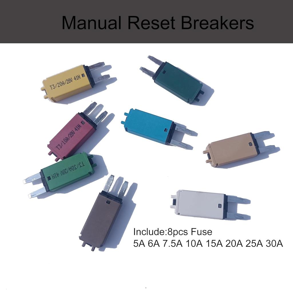 28V DC Manual Reset Fuse Mini Blade-Style Reset Circuit Breaker Fuse for Breaker Automotive Marine 8PCS Mixed (5A,6A,7.5A,10A,15A,20A,25A,30A)
