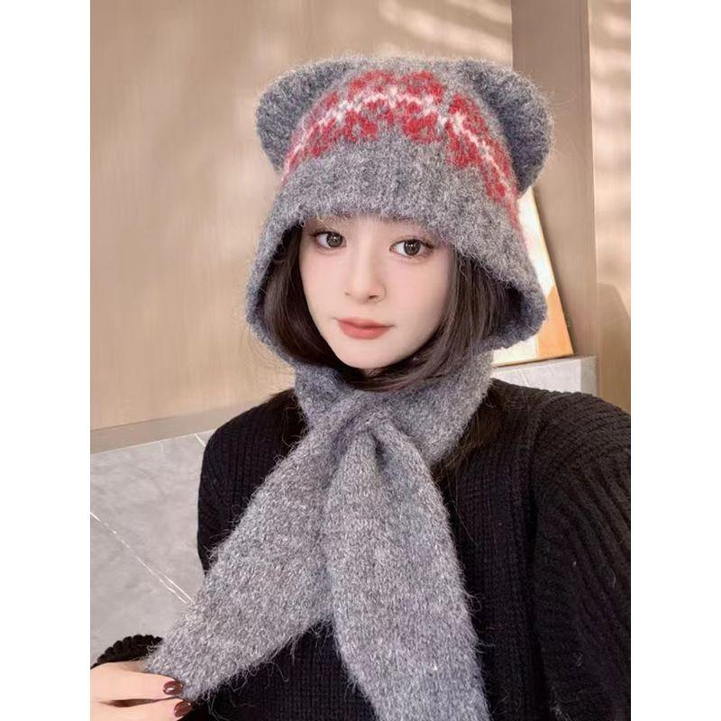 

Шапка Женская 2025 Новинка Осень и Зима Яркий Шимаказе Медвежья Мордочка Маленькая Теплая Защита Ушей Шарф Интегрированная Шерстяная Шапка Grey