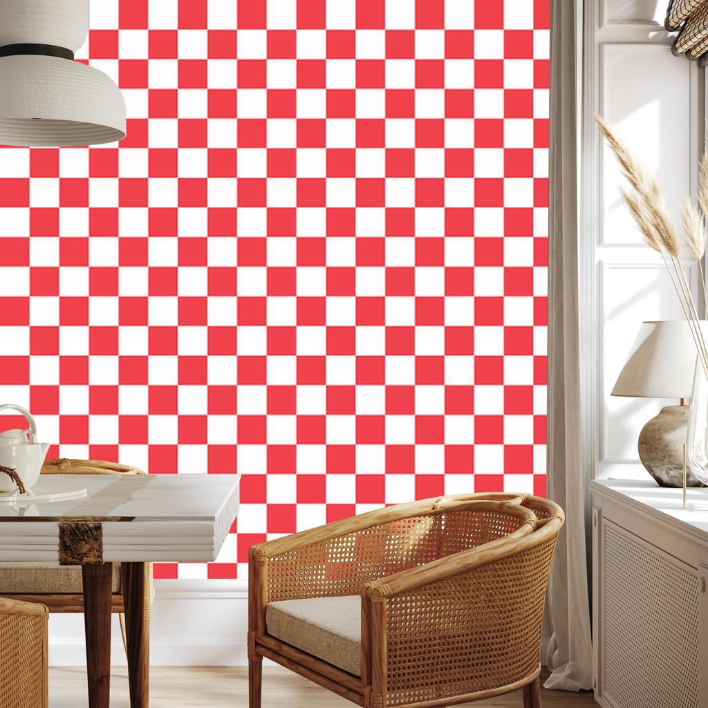 Checkerboard wallpaper, white and red, coral background, 50x1000