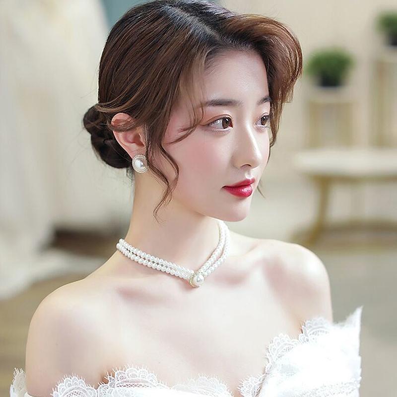 Elegant Vintage Pearl Necklace Earring Set Women Party Wedding Daily Decoration Jewelry