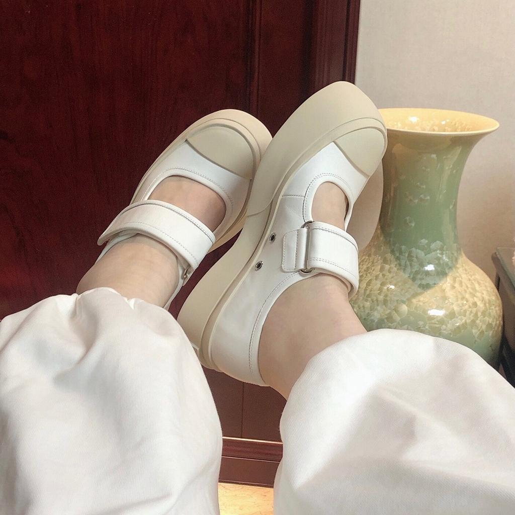 Sheepskin version~ Leather Velcro platform muffin shoes for women with Mary Jane shoes, ugly cute little white shoes, single shoes tide