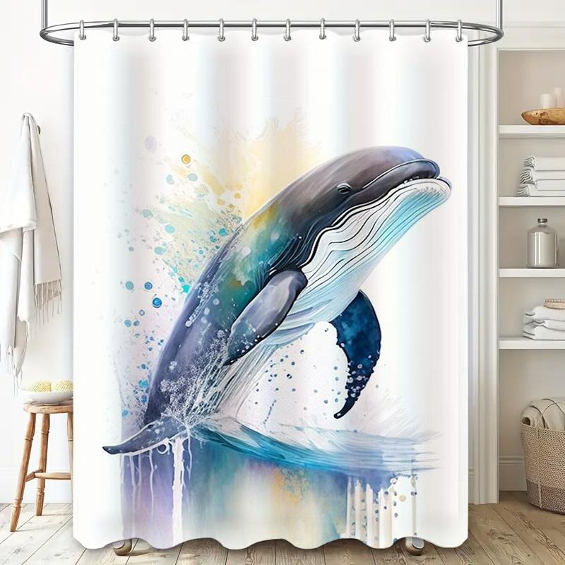 Whale Splash Watercolor Shower Curtain Oceanic Blue White Art Decor for Bathroom Polyester Fabric 72x78in (180cm x 198cm)