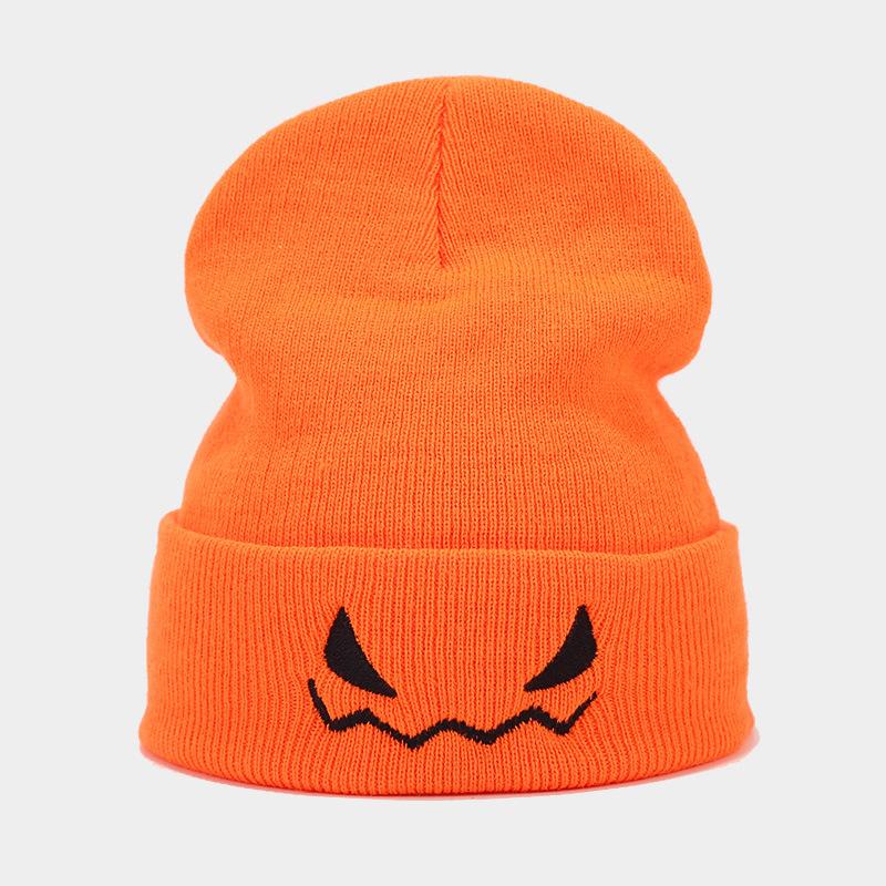 New Halloween Pumpkin Imp Embroidered Orange Knitted Hat Men's and Women's Funny Wool Pullover Hat Tide