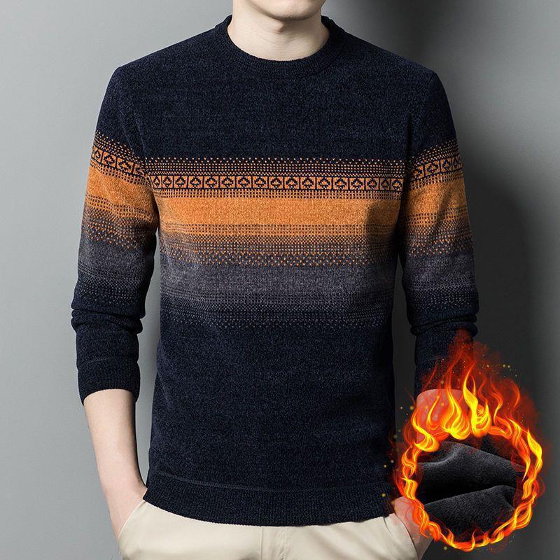 Winter Men's Crewneck Long Sleeve Sweater New Men's Chenille Plus Fleece Knit Sweater Men's Casual Men's Undercoat