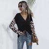 V-neck Color Blocked Leopard Print Long Sleeved T-shirt for Women Casual Top Drawstring Design Commuter Pullover Base Shirt Autumn