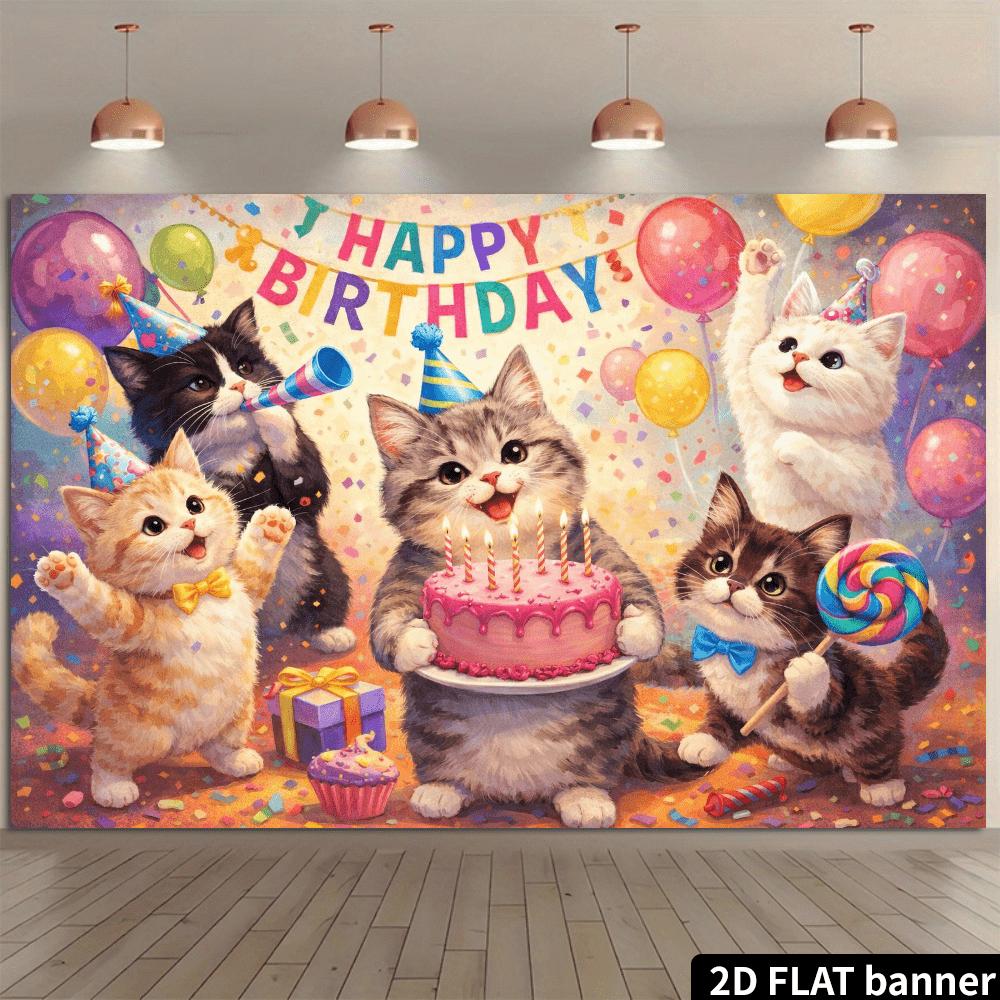 2D oil painting style cat birthday background paired with five cute cats and pink cake elements