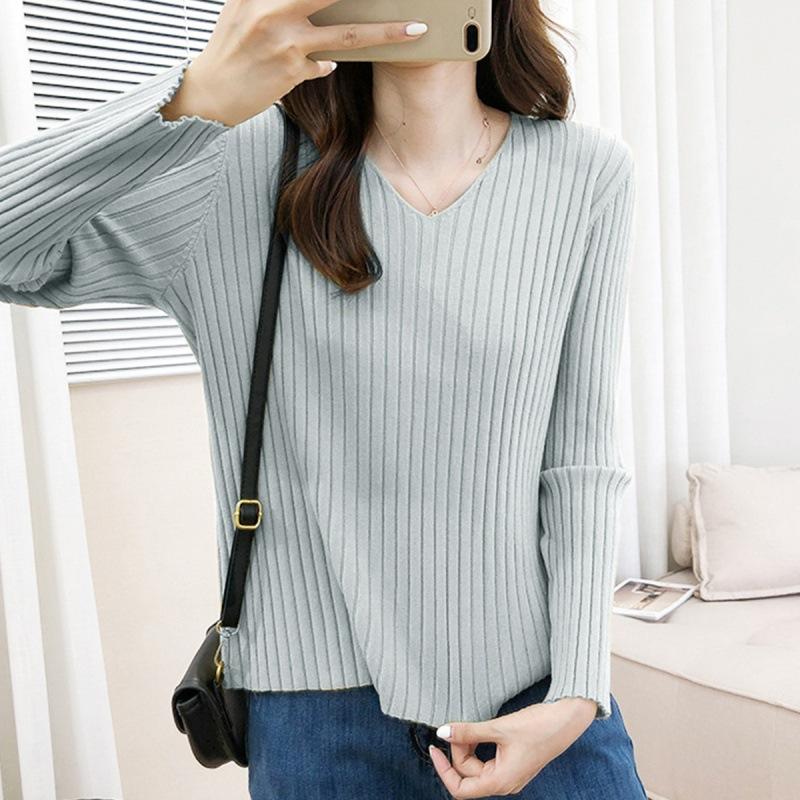 Autumn/Winter Knitwear Sweaters Women’s V-neck Pit Strip Pullover Long Sleeves Bottom Top Casual Knitted Sweater