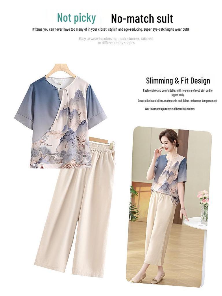 Mom's Summer Short Sleeve Blouse Set: 2025 Stylish Top for Middle-Aged & Elderly Women