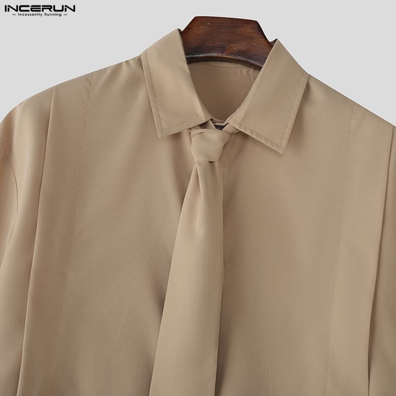 INCERUN Men Tie Lapel Neck Short Sleeve Buttons Irregular Casual Oversized Shirts