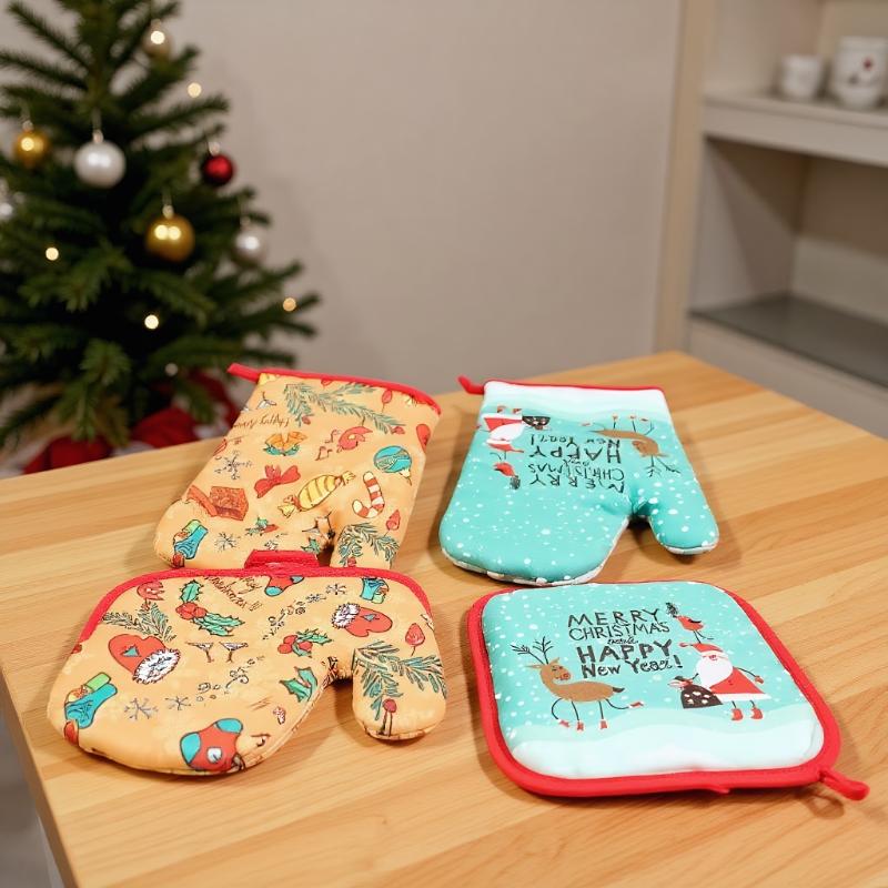 Vánoční kuchyňské rukavice a podložky pod horké nádobí, sada, vzor Santa Claus, sněhová vločka, cukroví, izolované kuchyňské chňapky, domácí kuchyně, vánoční dekorace