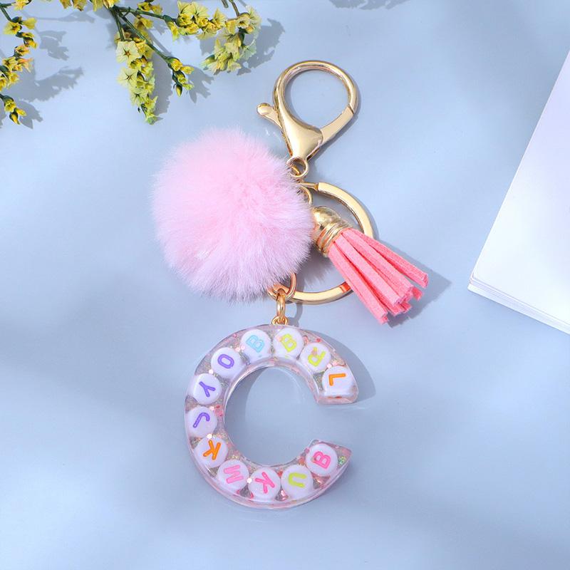 1PC Keyring Key Accessory Letter Filled Colourful Initial Pendant With Fluffy Keychain Glitter Tassel Charms For  Bags Backpacks