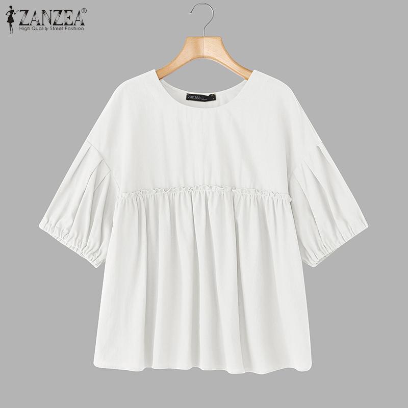 

ZANZEA Женская блузка оверсайз с круглым вырезом, рукавом до локтя, однотонная, повседневная, свободного кроя, с оборками 3XL белый