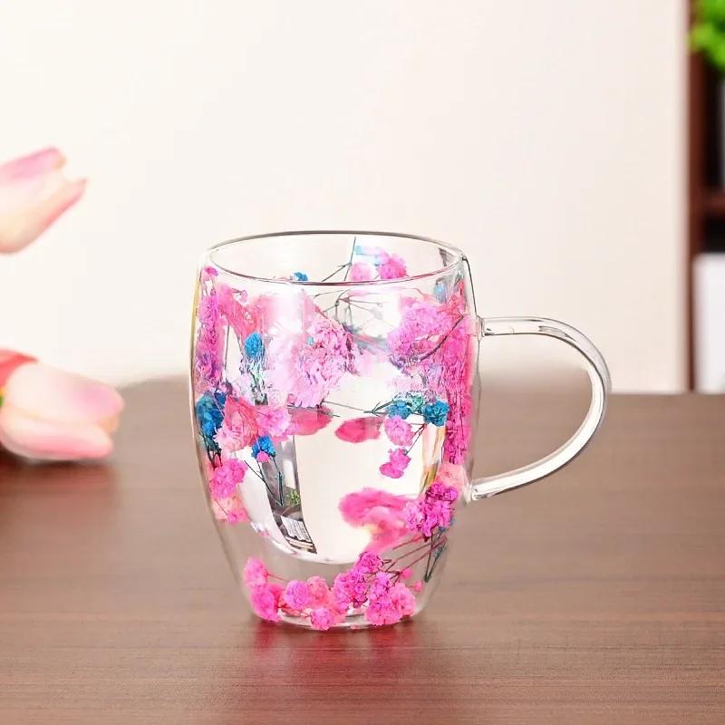 Creative  Flower Pattern Double Wall Glass Cup Clear Heat Resistant High Borosilicate Glass Coffee Mugs  Hot Cold Beer Mug Gift