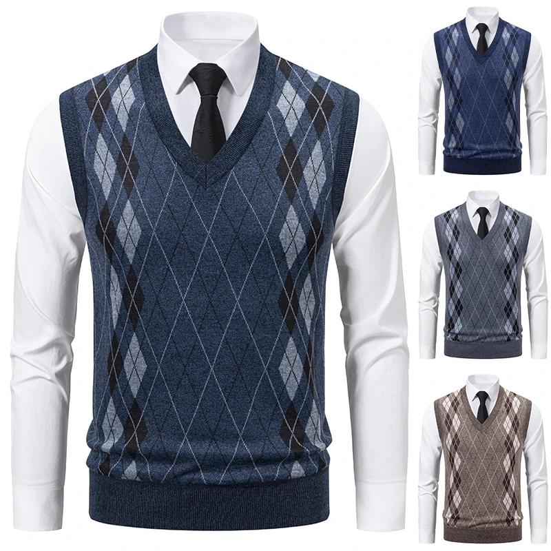 Men's Knitted Warm Sweater In Autumn and Winter V-neck Vest Diamond Grid Twisted Flower Casual Fashion Versatile Top