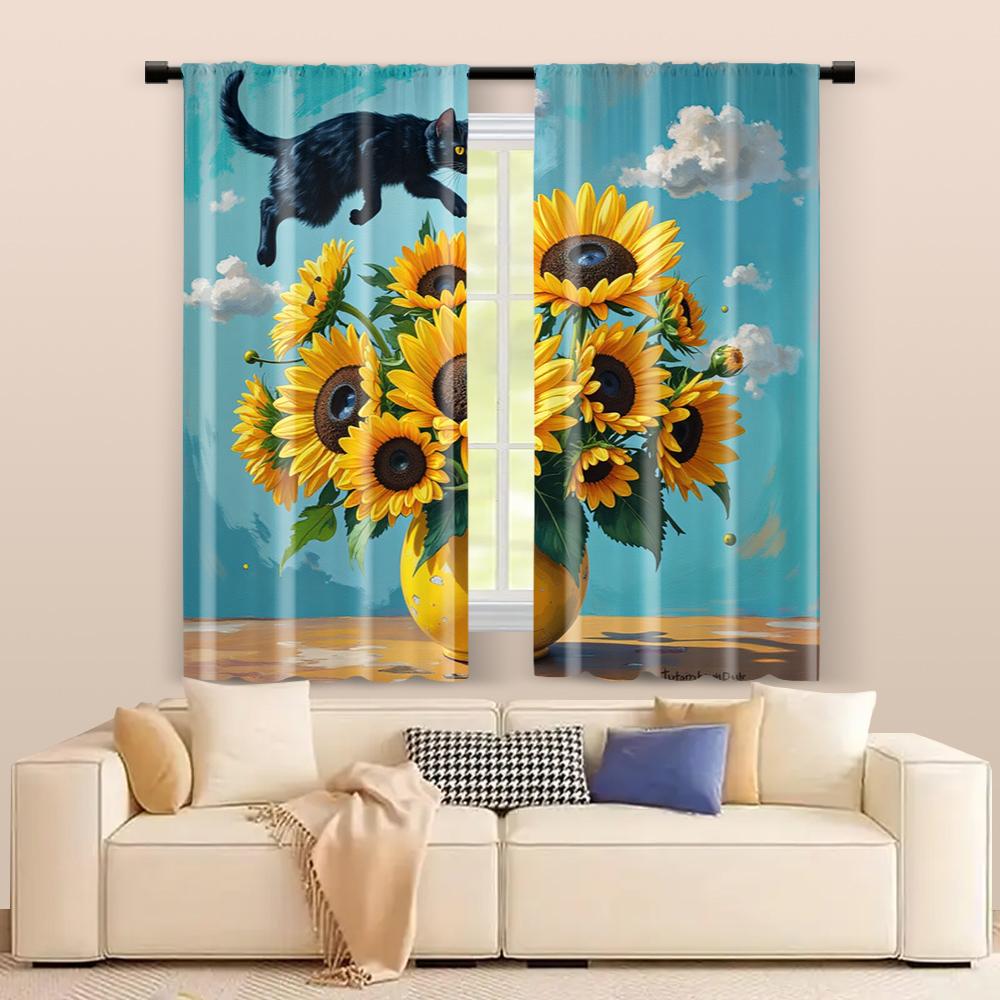 2 Pcs, Filtering Curtains (excluding Rods, Non-movable, Without Batteries) Funny Black Cat Vase for Use In Bedrooms and Living