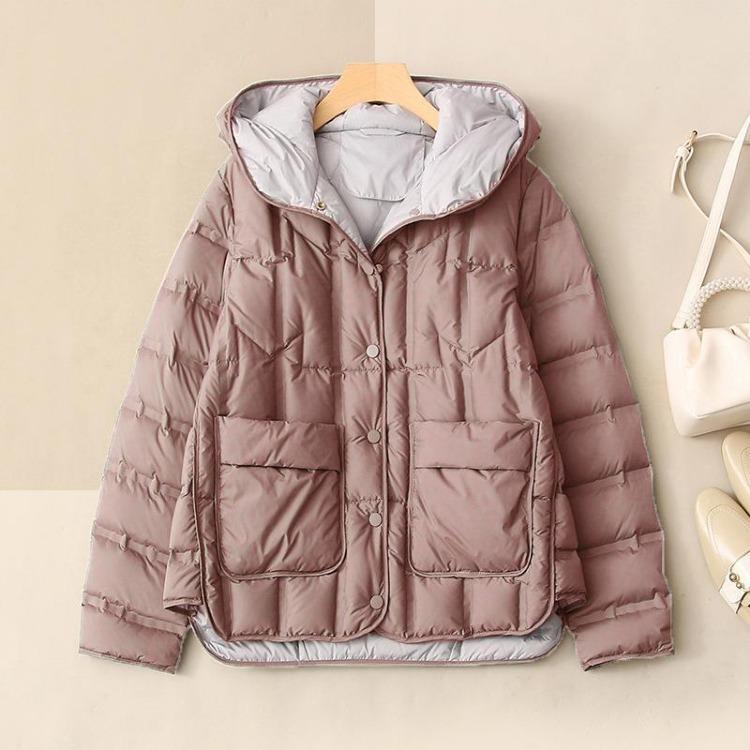 Women's Duck Down Jacket Light White Short Hooded Loose Straight Tube Coat Single Breasted Autumn Winter