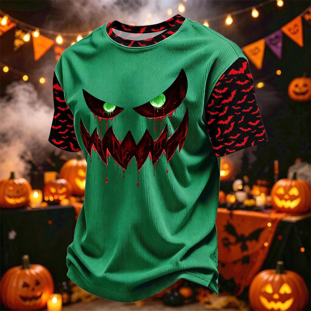 Men's Casual Corduroy Short Sleeve Crew Neck Lightweight Breathable T-Shirt Halloween Print Lettering Design