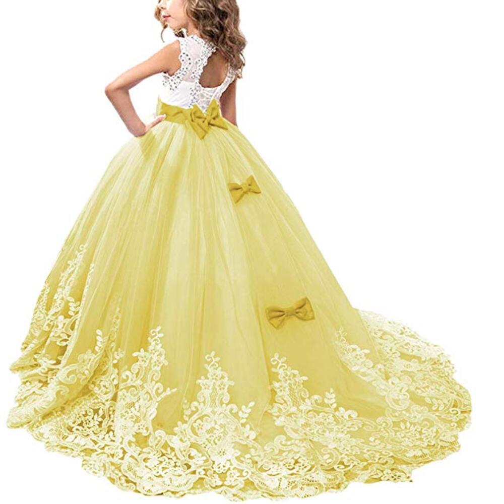 Elegantes Prinzessinnenkleid mit Puffärmeln und Spitze für Mädchen - Formelles Hochzeits-Blumenmädchenkleid mit Schleppe