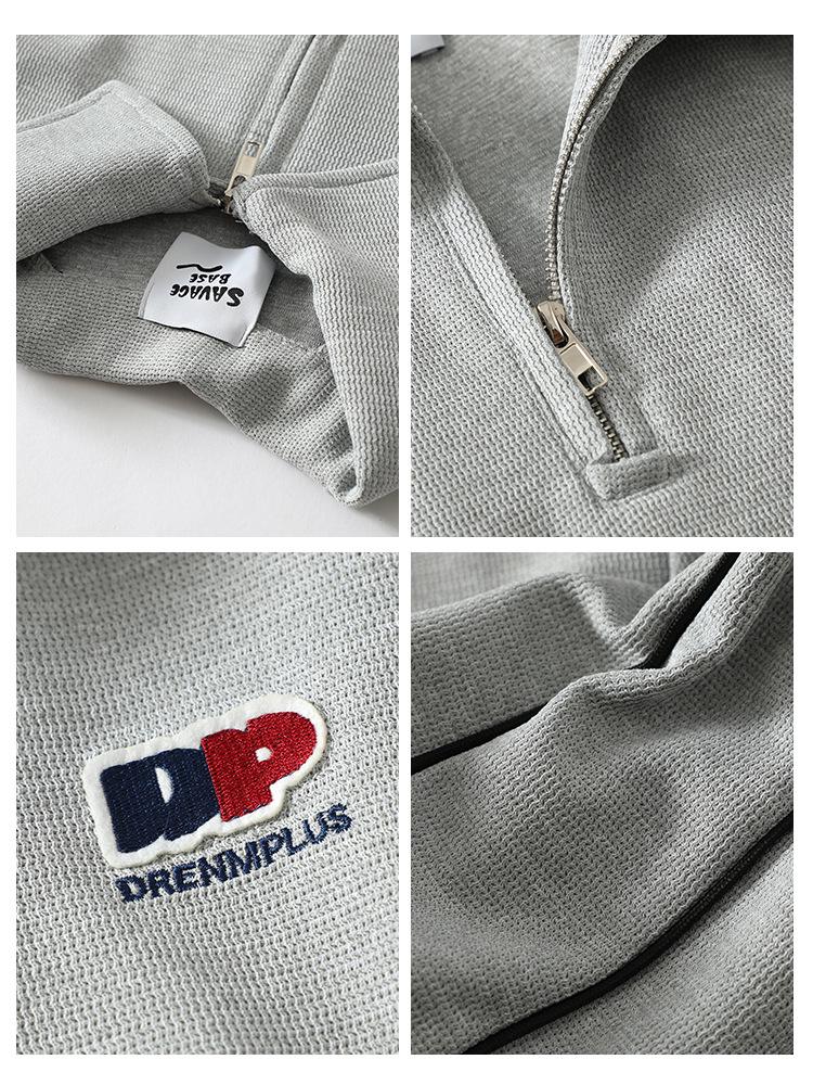Wild Man Trendy American Letter Embroidery Waffle Knit Sweatshirt, Spring/Autumn Academy Style Half-Zip Polo