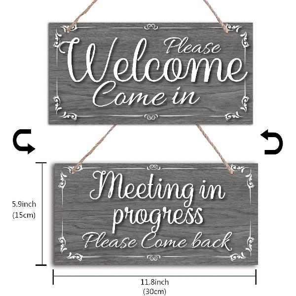SUPERDANT Meeting Sign for Office Door Double-side Meeting In Progress Welcome Please Come In Hanging Wooden Sign Plaque Door Sign Do Not Disturb