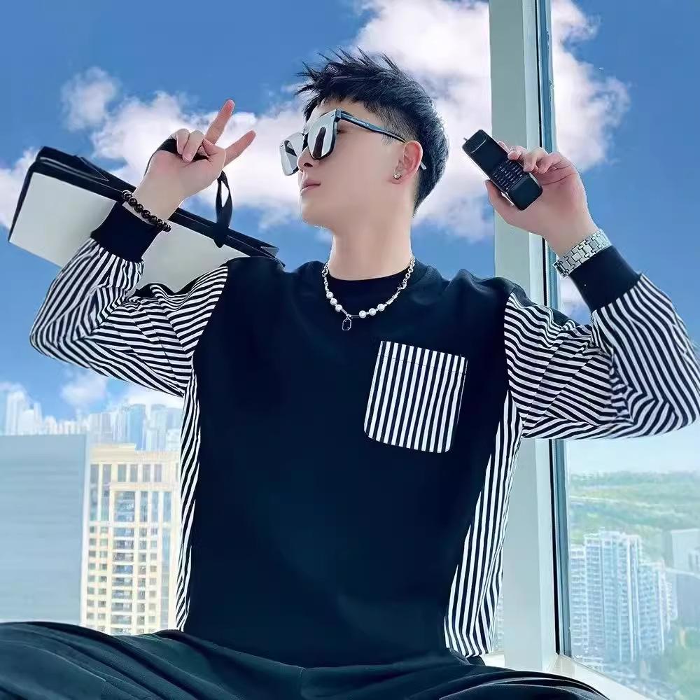 Striped patchwork sweatshirt men's spring and autumn Korean style new round neck loose top chic Hong Kong style trend