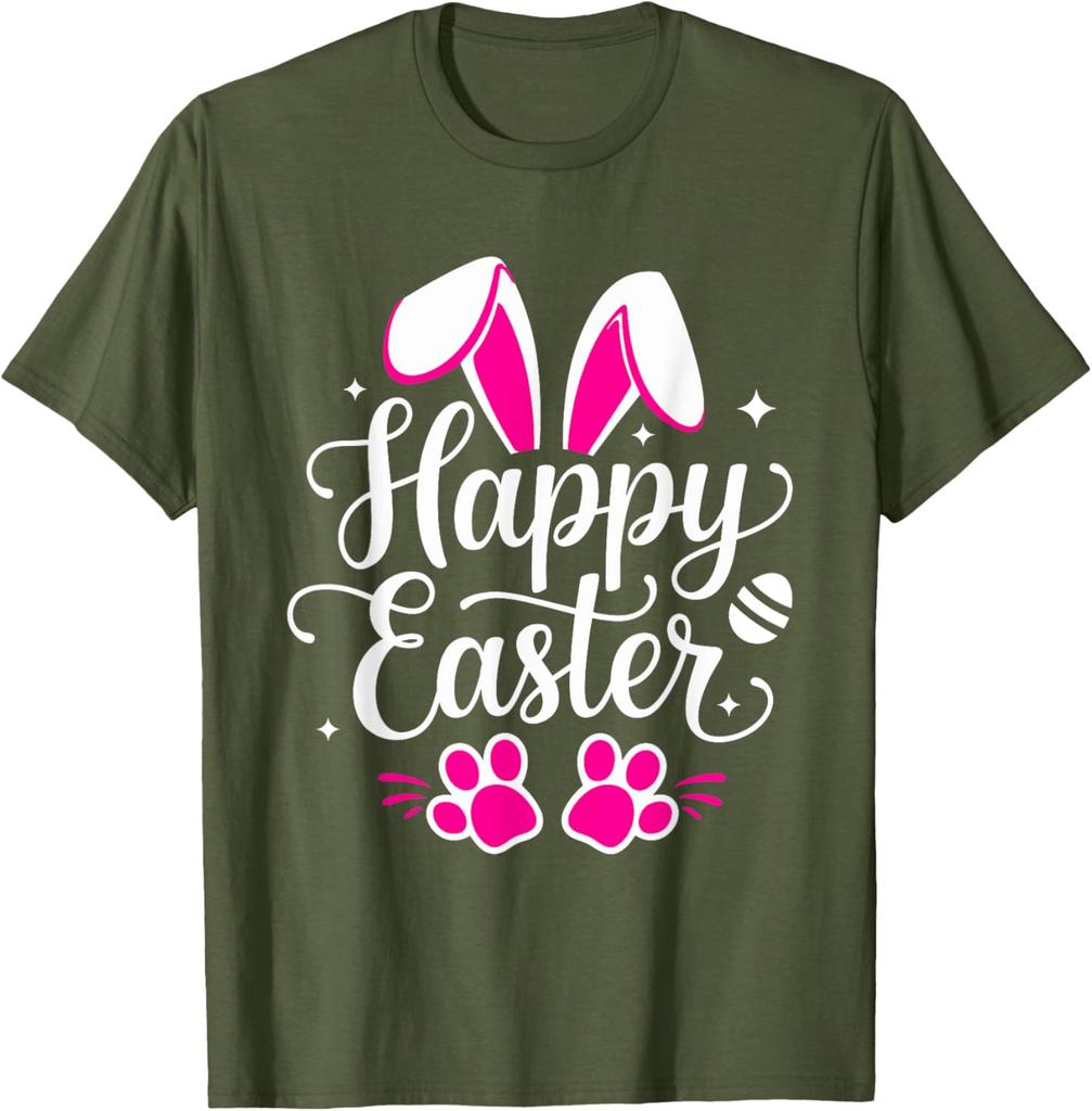 Happy Easter Bunny Paw Print Graphic Tee Casual Short Sleeve T-Shirt Daily Wear