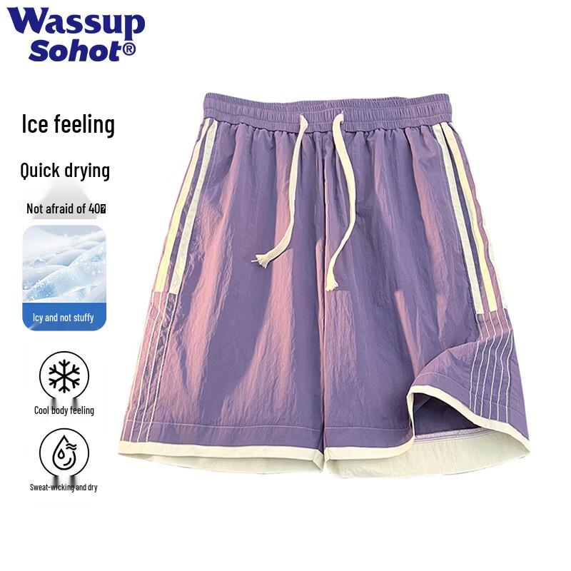 Wassup Sohot Men s Ice Silk Striped Quick-Dry Casual Shorts S
