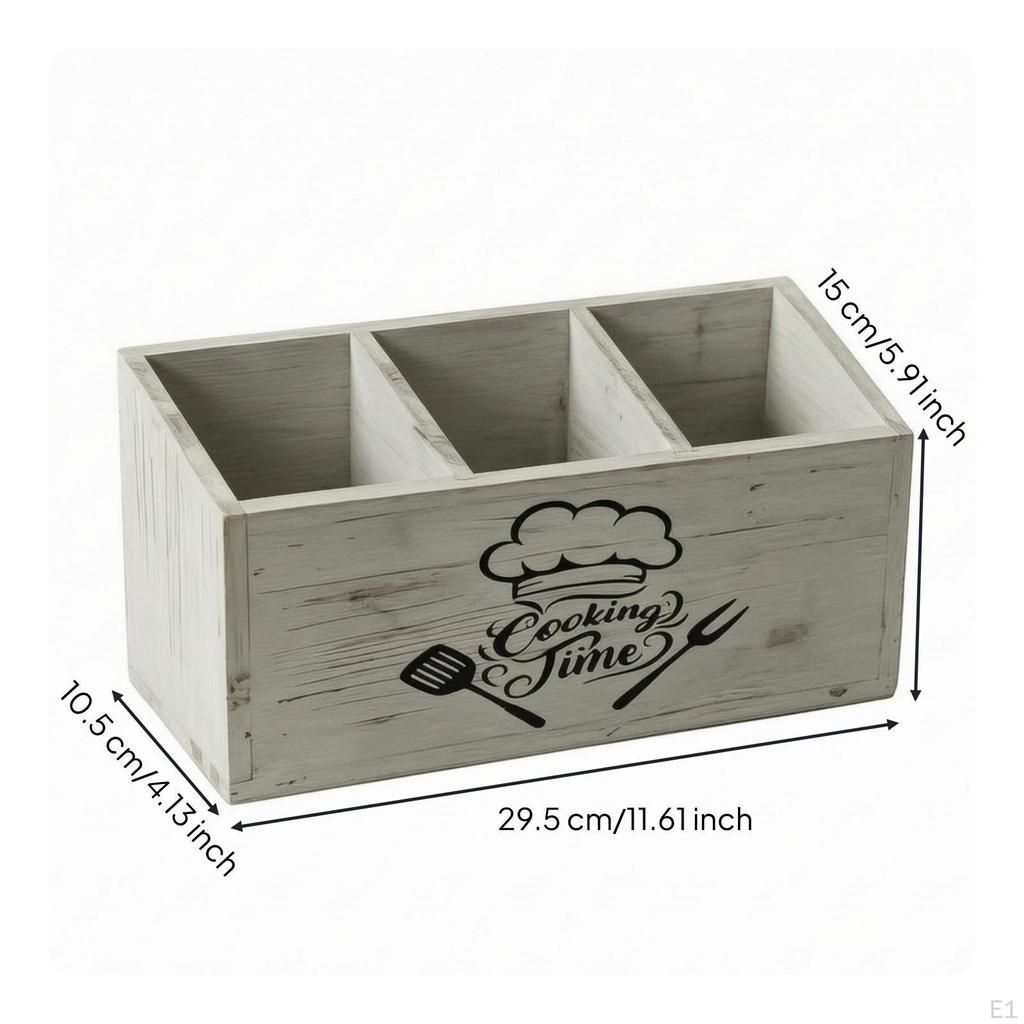 Wooden Utensil Box Whitewashed Divided Kitchen Organizer Rustic Silverware Storage Case