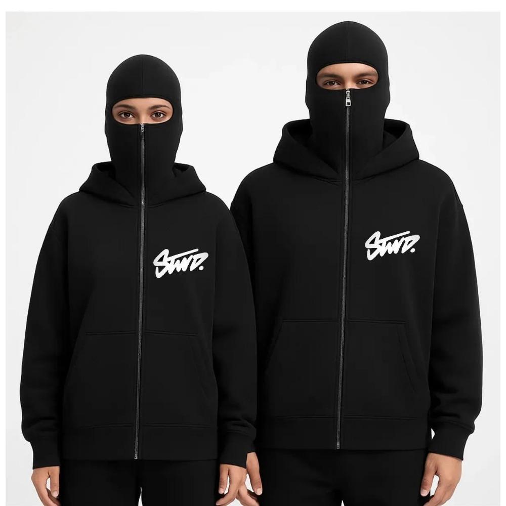 American Casual Sports Jacket Y2K Style Hooded Mask with Double Hood Zipper Design, Outdoor Letter Swd Printed Zipper Sweater