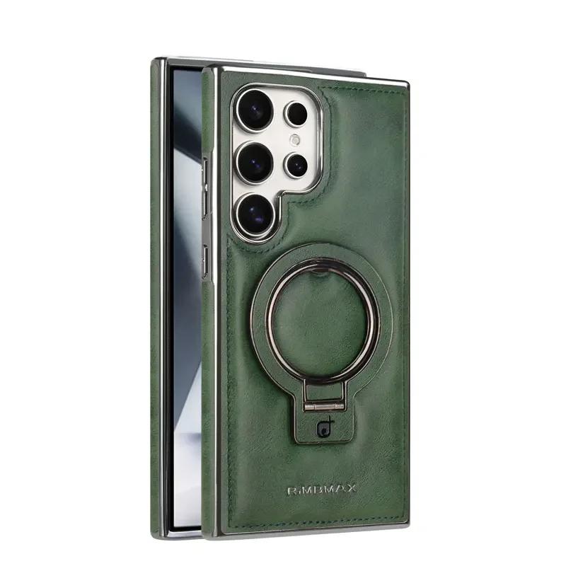 

180 Degree Alumina Bracket Leather Case for Samsung Galaxy S24 Ultra S25 S23 Plus 5G Magnetic Ring Holder Plating Bumper Cover S25Ultra зелений