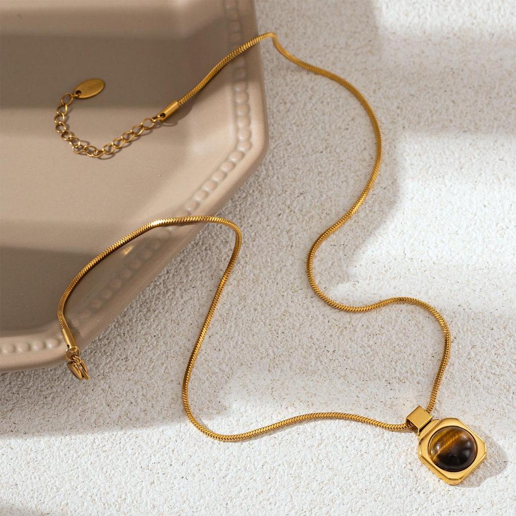 Versatile Retro Chic Titanium Steel Necklace with Natural Tiger Eye Pendant