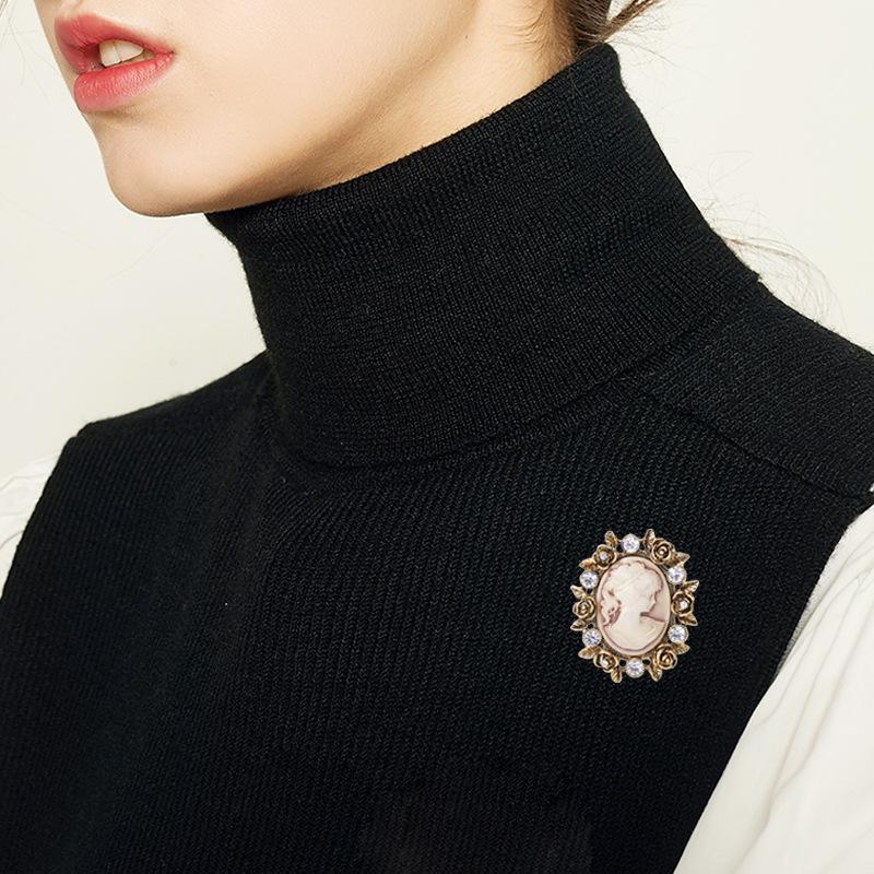 Hot Sale Vintage Court Beauty Head Diamond Flower Brooch Women'S Versatile Neckpin Cardigan Coat Pin Decoration