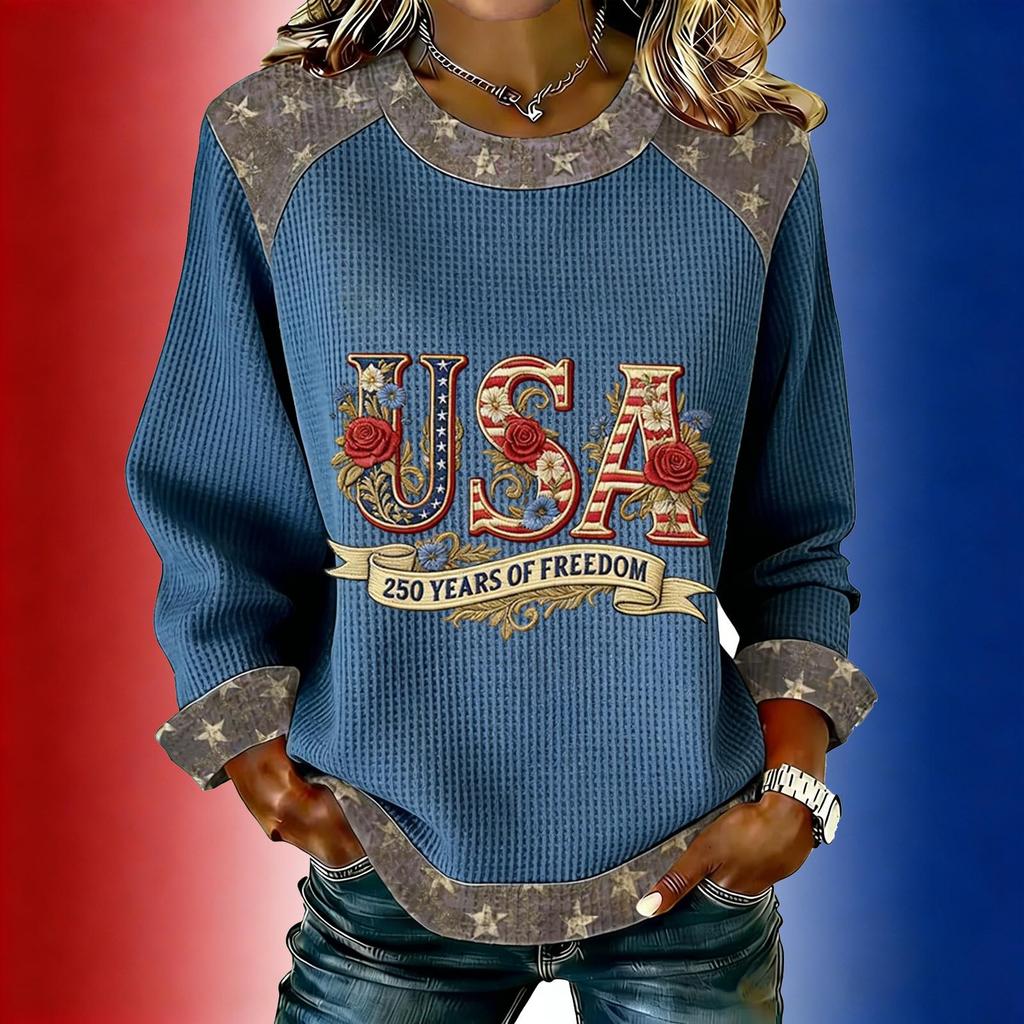 Women's long-sleeved fashionable casual everyday Independence Day printed top