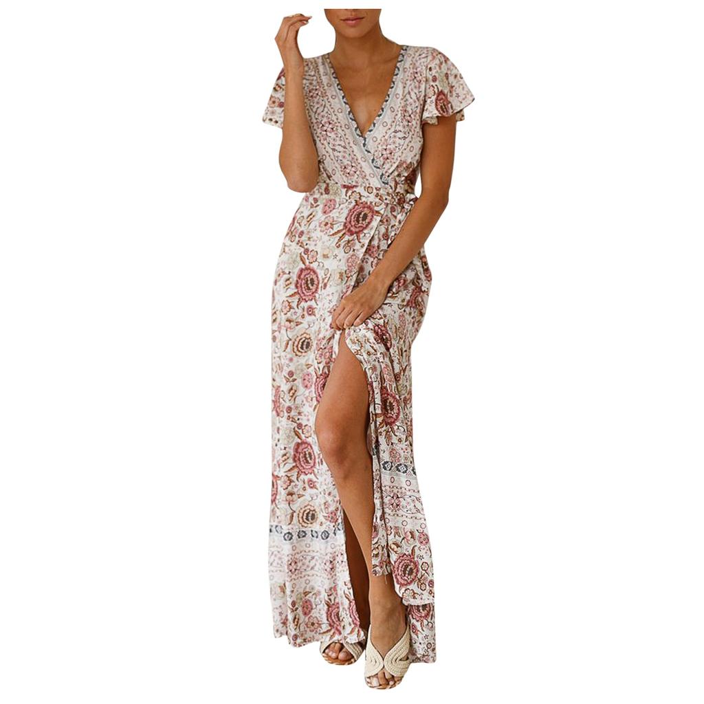 Damen Sexy V-Ausschnitt Strickjacke Broken Bouquet Taillengürtel Split Print Langes Kleid