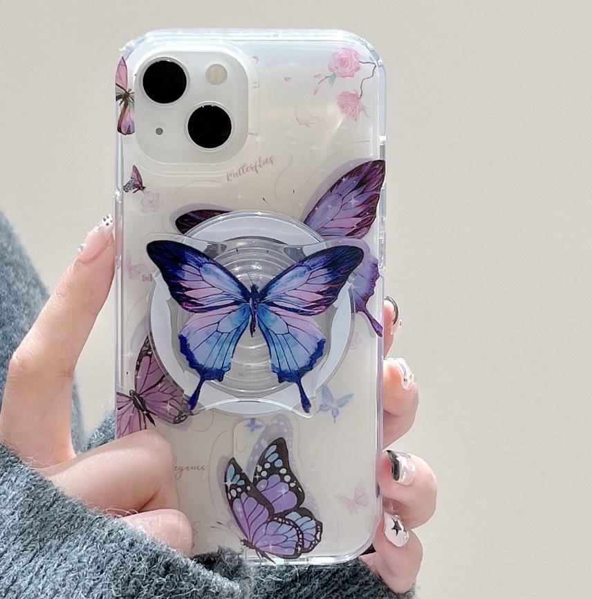 

Double-Sided Purple Butterfly Magnetic Phone Case with Stand for iPhone 17/16 Pro Max 16 Pro фиолетовый