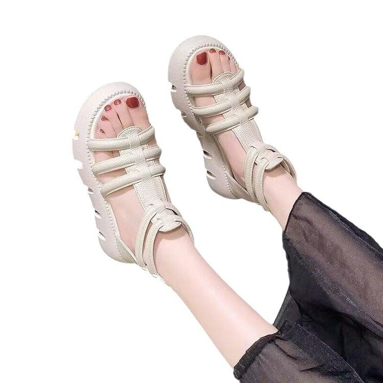 2025 Korean Tide Muffin Thick-soled Thin-ribbon Sandals Summer with Skirt Roman Leather Sandals Women's Zipper Open-toe