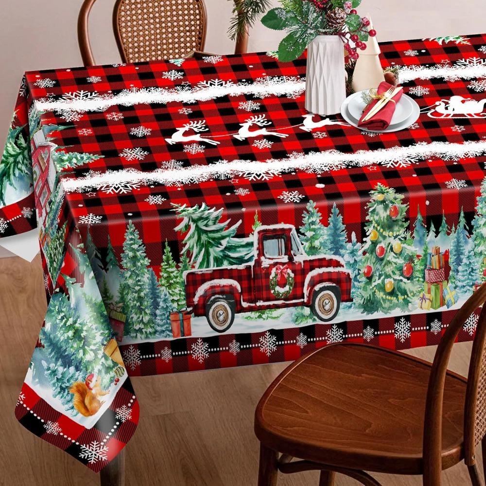 Christmas Polyester Tablecloth Snowman Print Lightweight Stain Resistant Dining Decor Long Table Cover