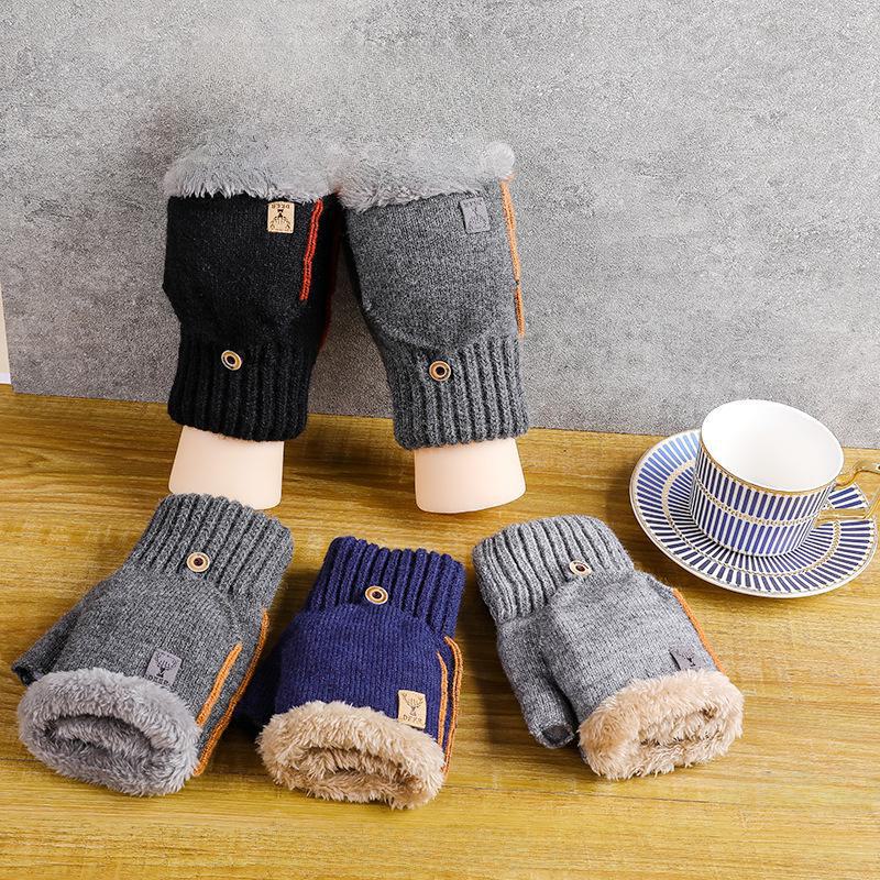 Halbfinger-Fahrradhandschuhe für Herren: Samtgefütterte Strickwolle für Wärme im Winter und Kälteschutz